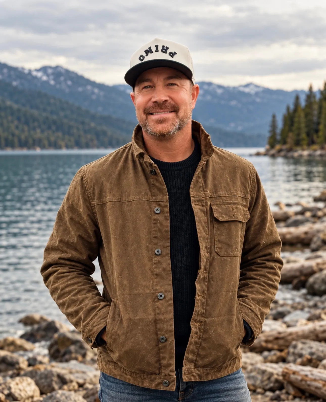Jared Ban standing on a rocky lake shore in a tan canvas jacket, timbered hills across the water behind him