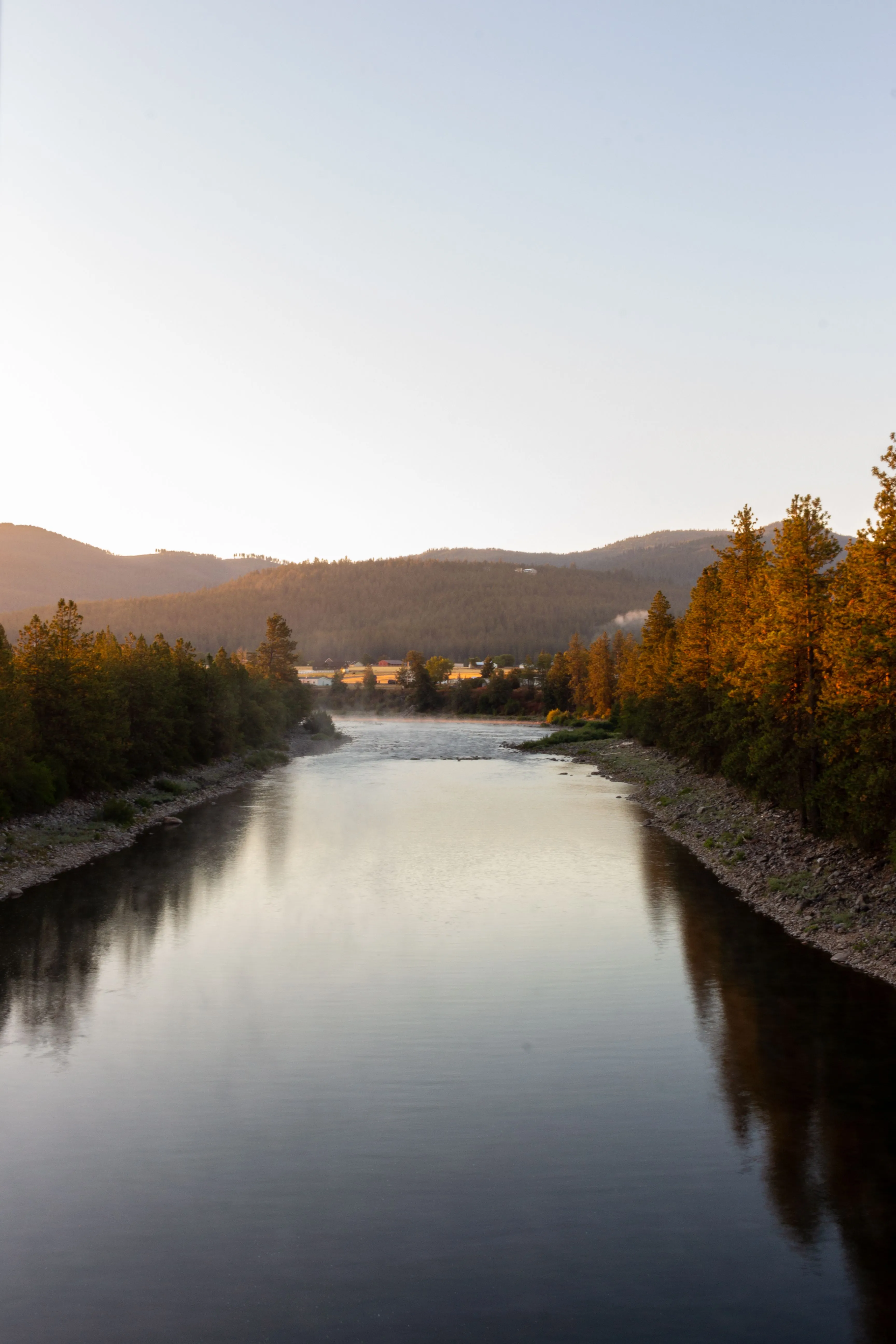 The Coeur d'Alene River winding through pine-covered hills at sunrise